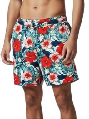 PatPat Swimsuit Men’s Red Green Tropical Hibiscus Trunks Shorts  Pull On NWOT